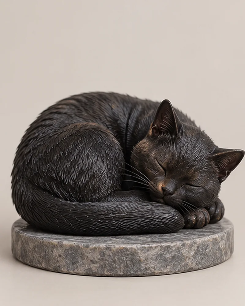 Black cat, curled up asleep
