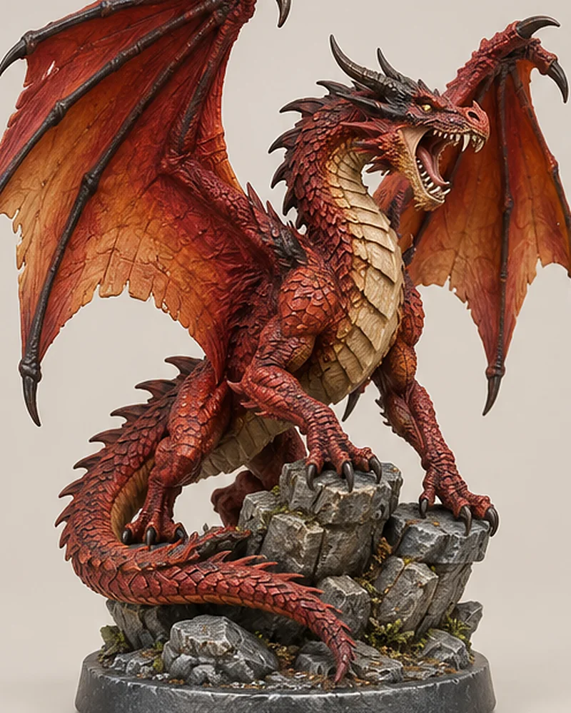 Crimson dragon, wings spread