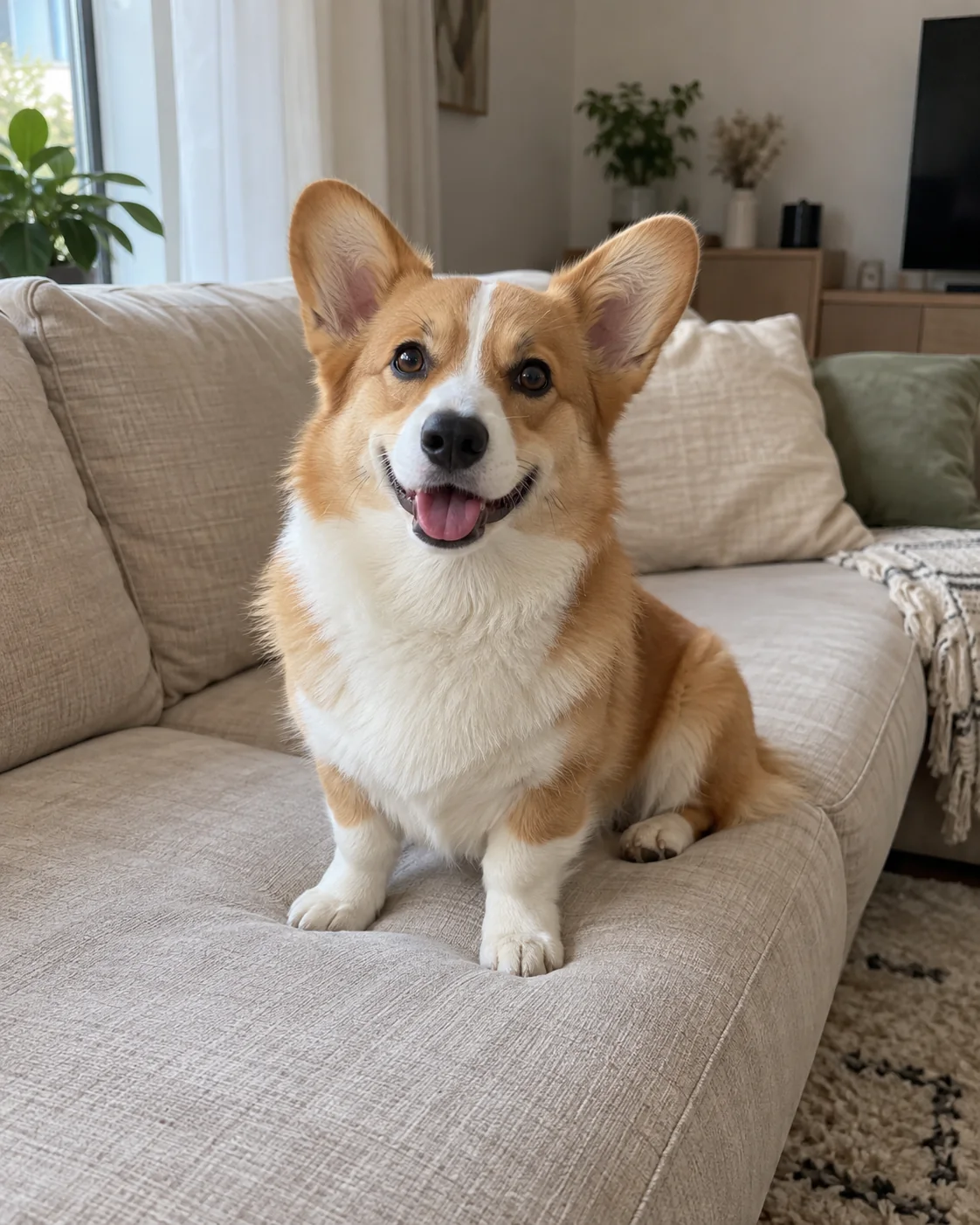 Client’s photo of Max the corgi on a sofa