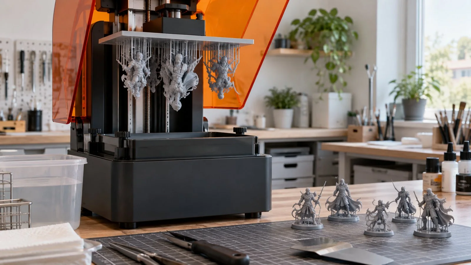 Resin 3D printer with fresh prints in our studio
